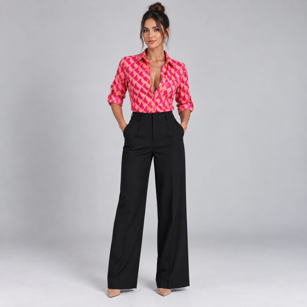 Blusa de Satén para Mujer con Estampado Geométrico | Corte Regular | Abotonada, Manga Larga, Resistente a Arrugas | Ropa de Trabajo, Ropa de Noche