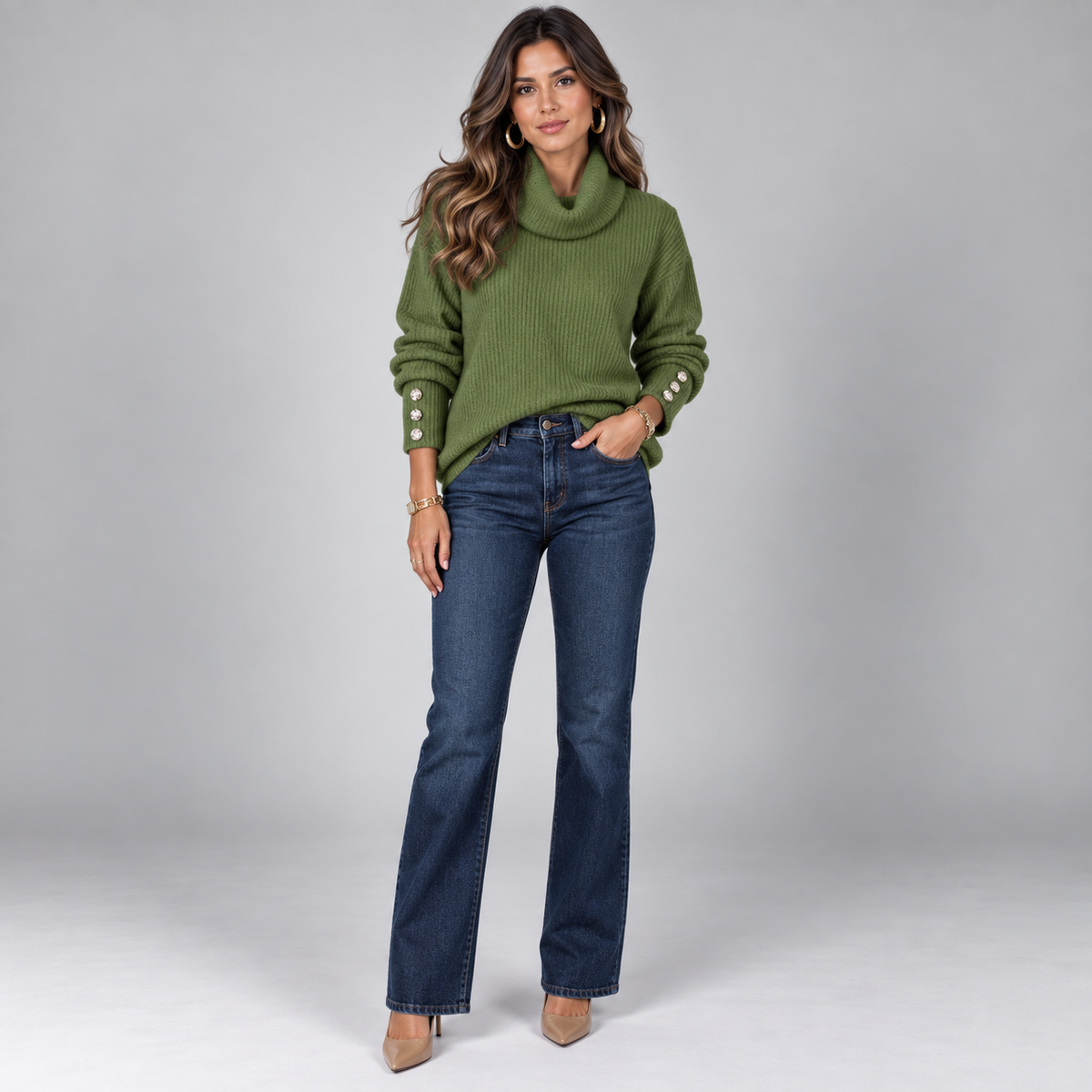 Jersey de punto fino para mujer con cuello alto y detalles de botones