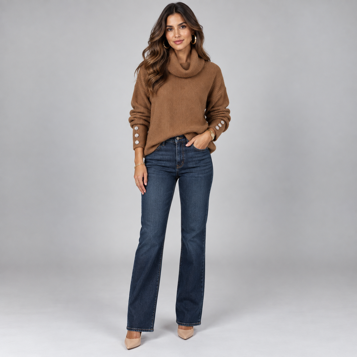 Jersey de punto fino para mujer con cuello alto y detalles de botones