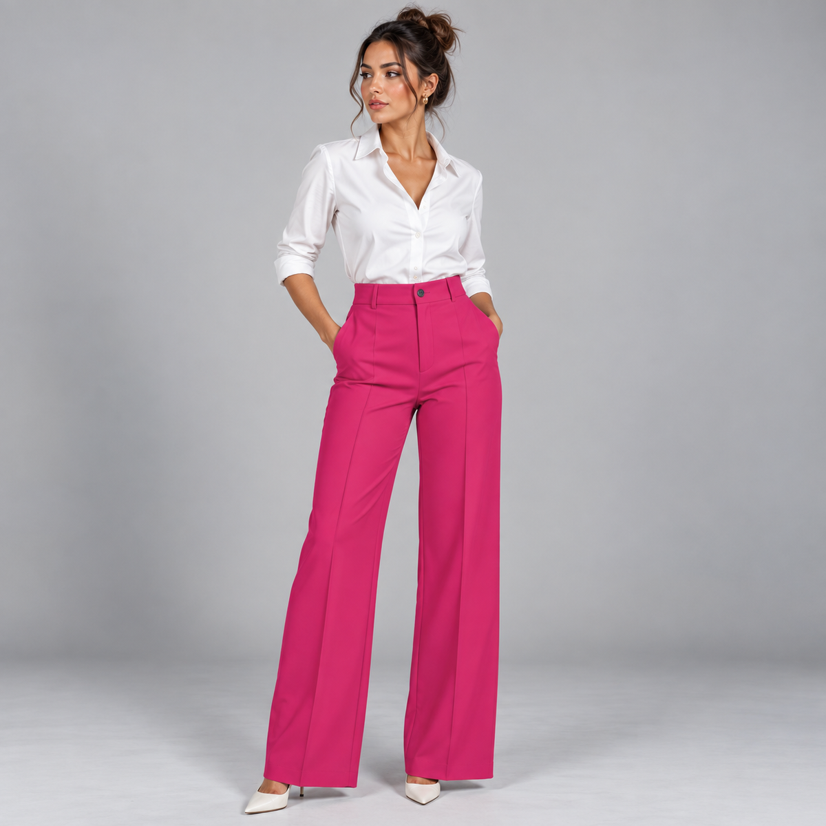 Pantalón de Talle Alto y Corte Recto | Cinturilla Elástica y Pliegues Delanteros | Estilo Versátil para Oficina y Fin de Semana