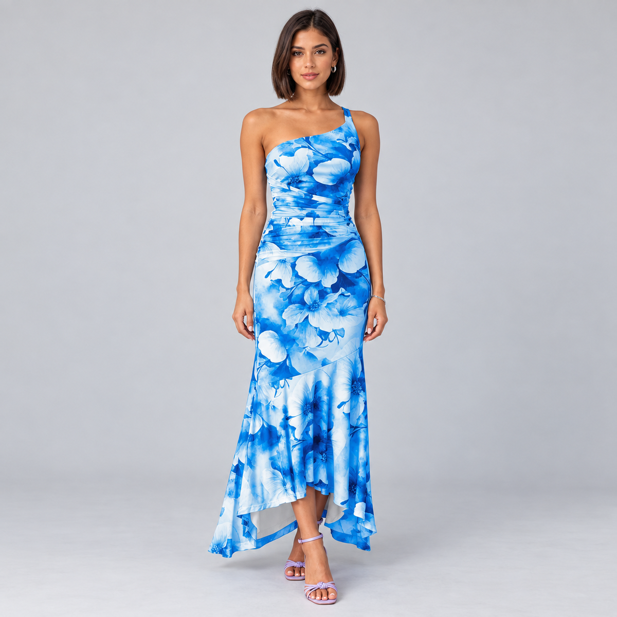 Vestido de Mujer con Estampado Floral, Hombro Único y Dobladillo Asimétrico