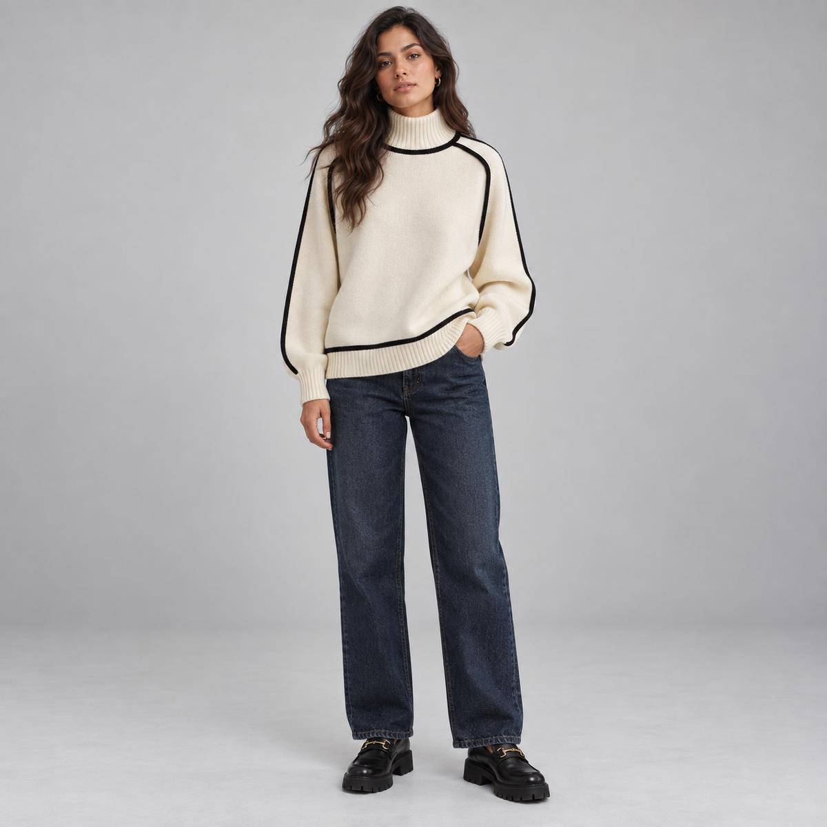 Jersey de cuello alto para mujer con bordes en contraste