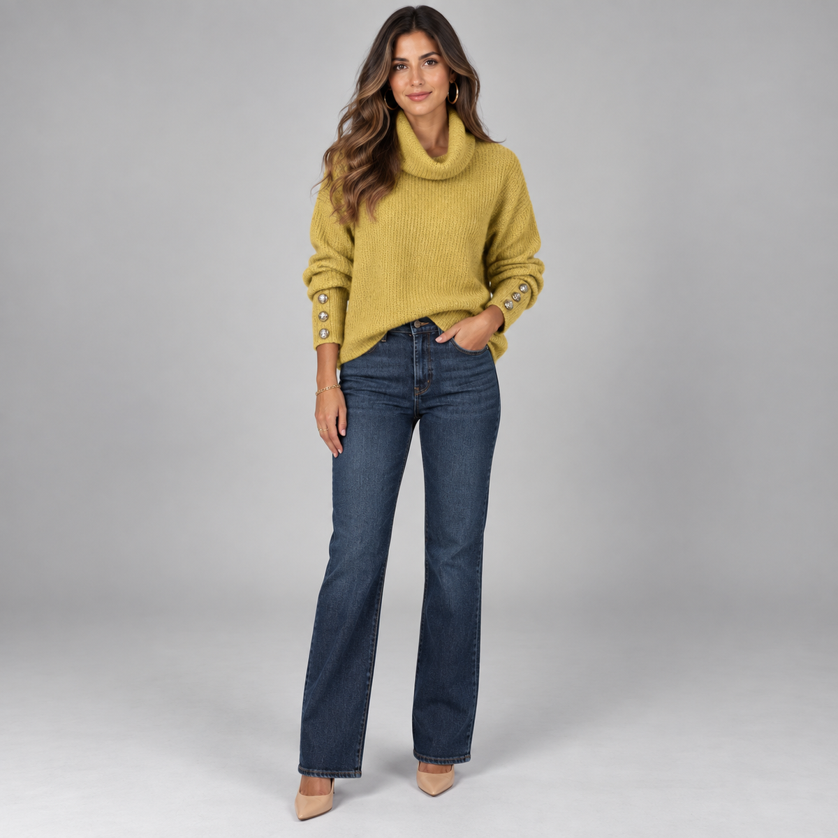 Jersey de punto fino para mujer con cuello alto y detalles de botones