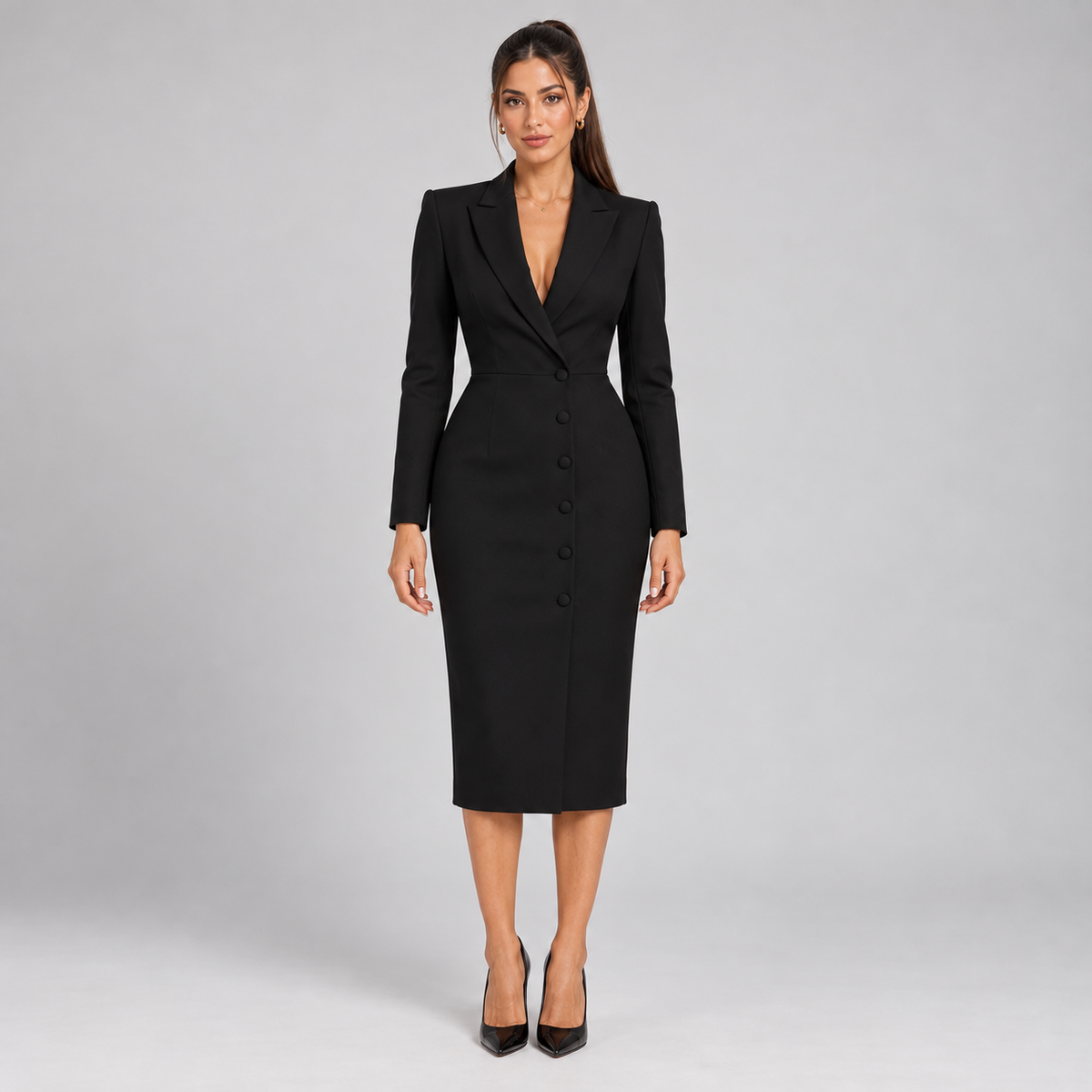 Vestido Blazer Mujer con Escote Cruzado en V y Fila de Botones