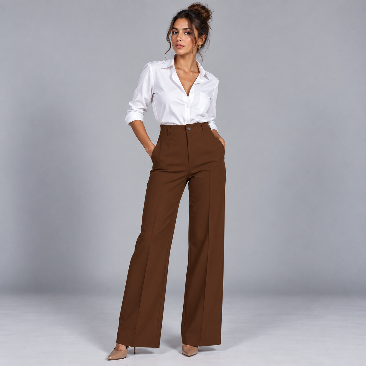 Pantalón de Talle Alto y Corte Recto | Cinturilla Elástica y Pliegues Delanteros | Estilo Versátil para Oficina y Fin de Semana