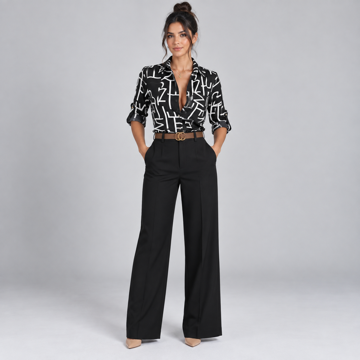 Blusa de Satén para Mujer con Estampado Geométrico | Corte Regular | Abotonada, Manga Larga, Resistente a Arrugas | Ropa de Trabajo, Ropa de Noche
