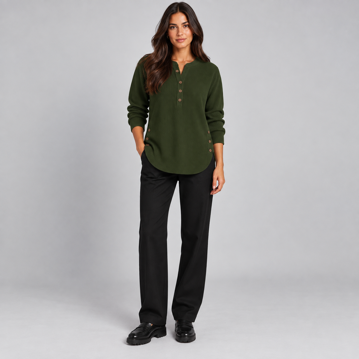 Suéter de punto Henley largo para mujer | Ajuste relajado | Detalles de botones laterales, tapeta de botones flexible | Casual elegante