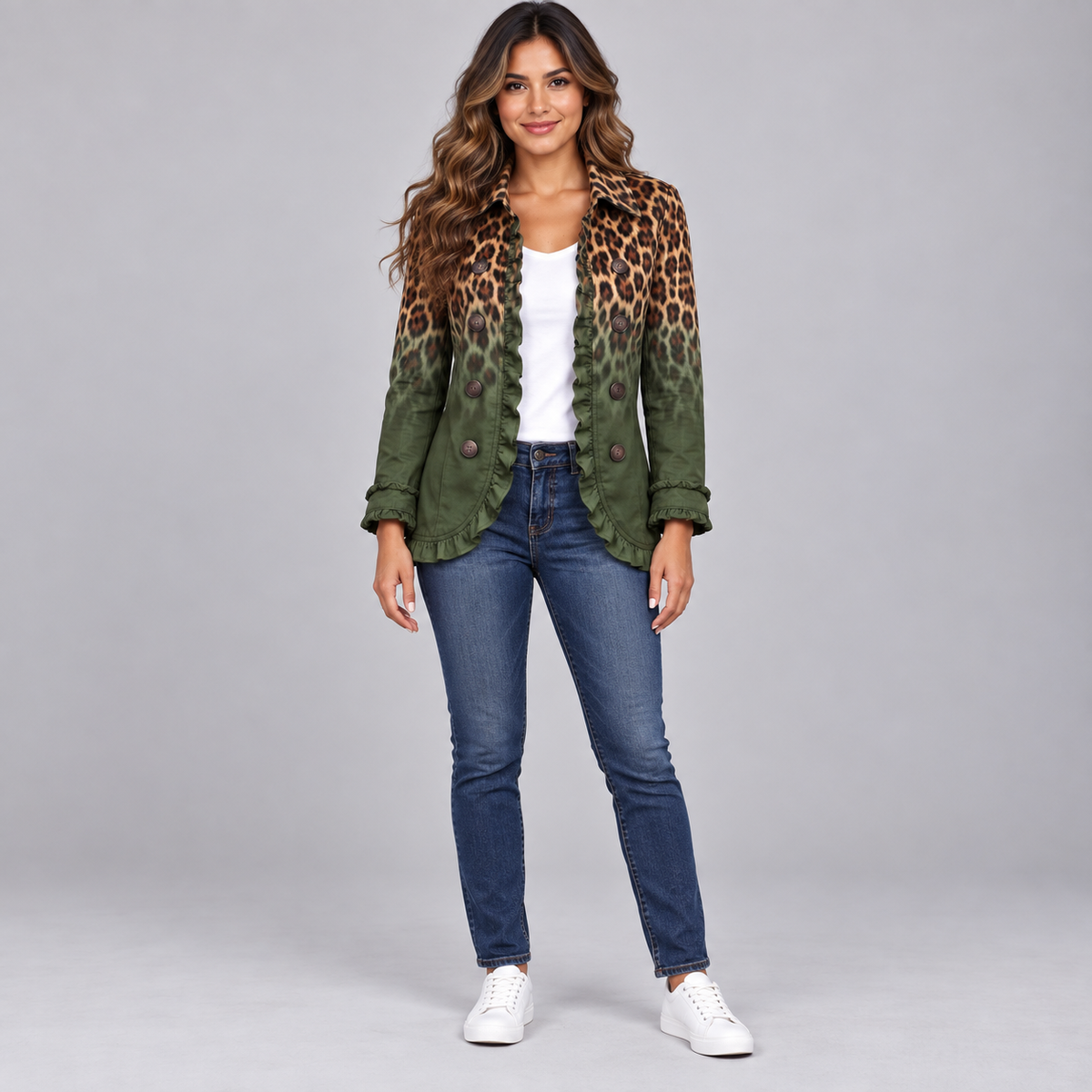 Blazer de mujer en mezcla de algodón con volantes y doble botonadura