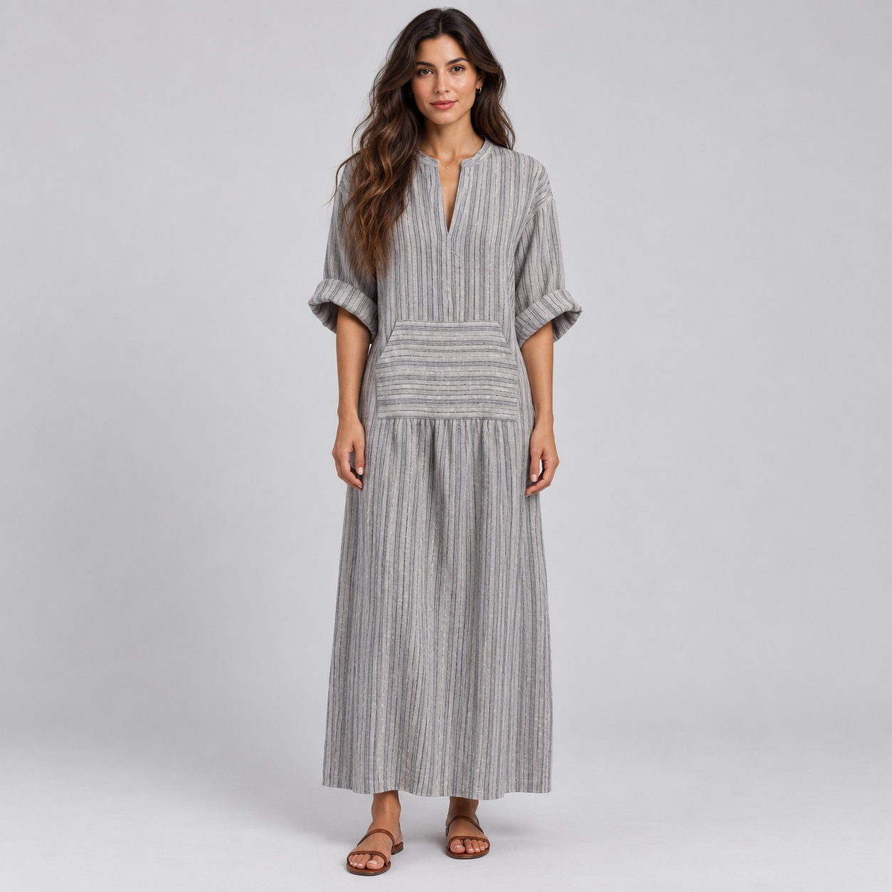Vestido largo de mujer con escote en V y rayas verticales