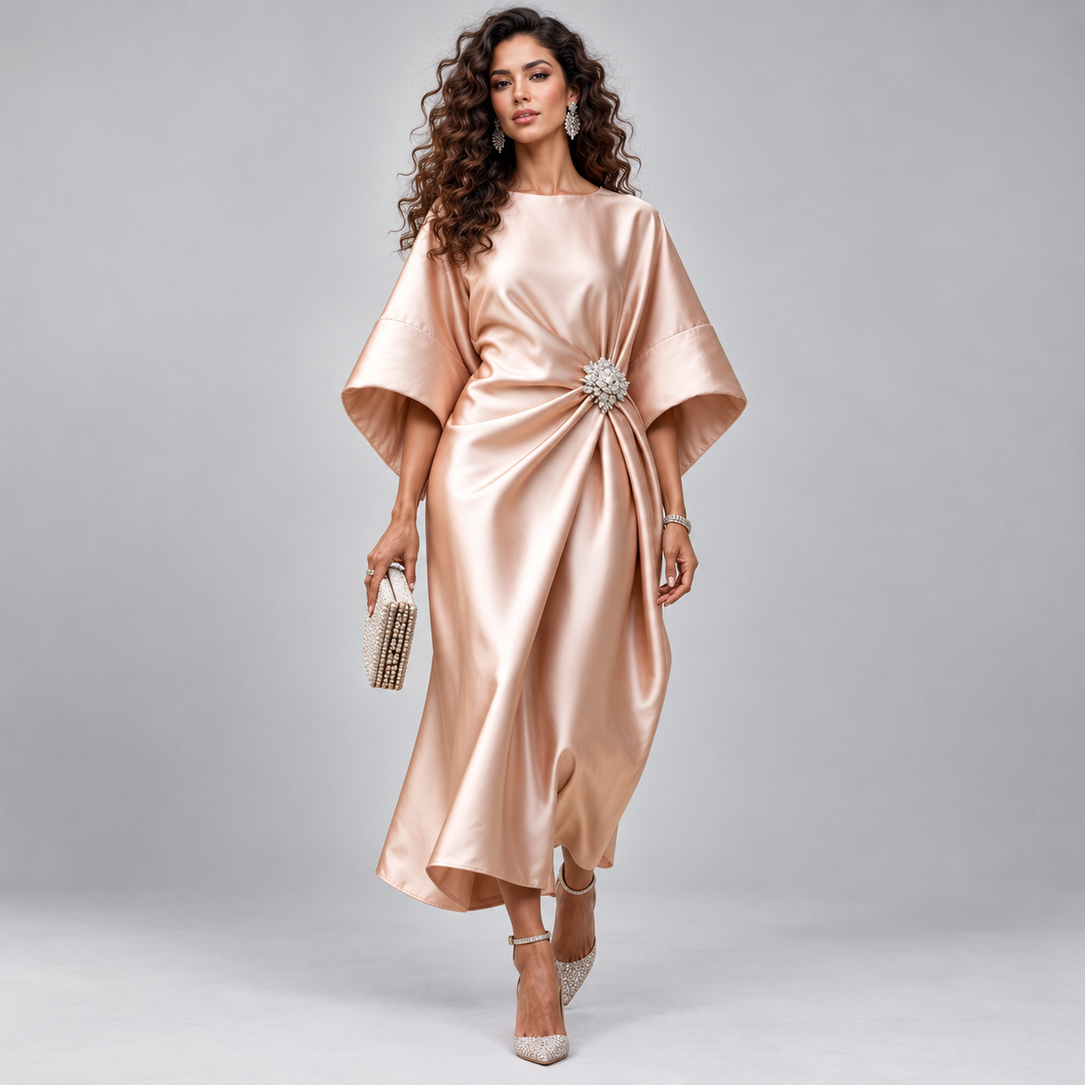 Vestido Midi Cruzado y Acampanado con Mangas Amplias | Corte Fluido y Femenino | Estilo para Bodas y Eventos Especiales