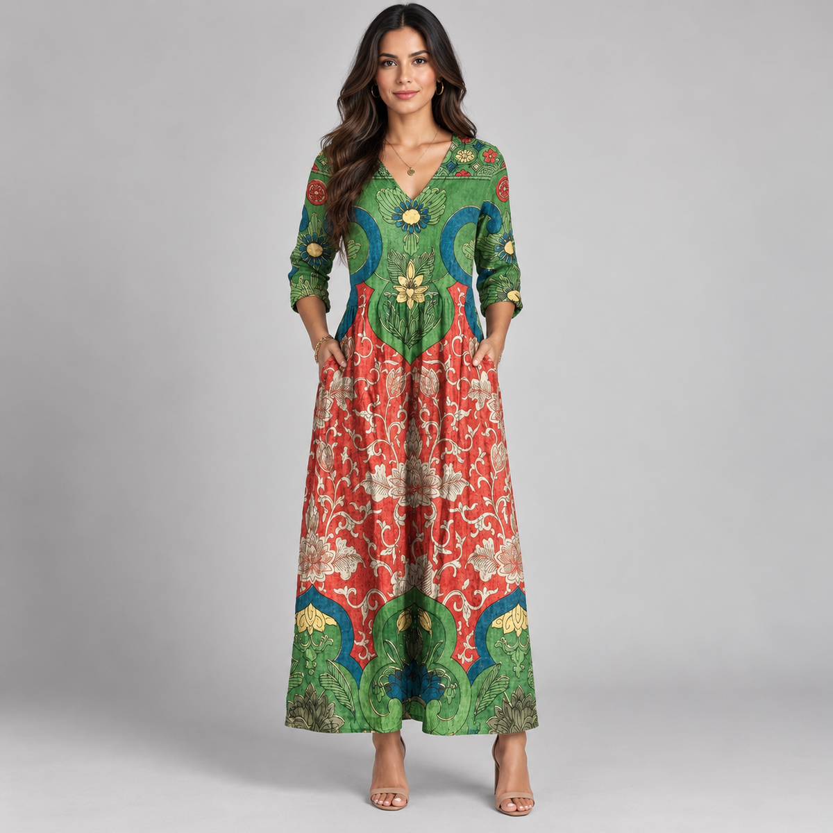 Vestido Maxi Floral Vintage con Escote en V | Algodón Suave y Transpirable | Silueta Fluida de Manga Larga para Cualquier Ocasión
