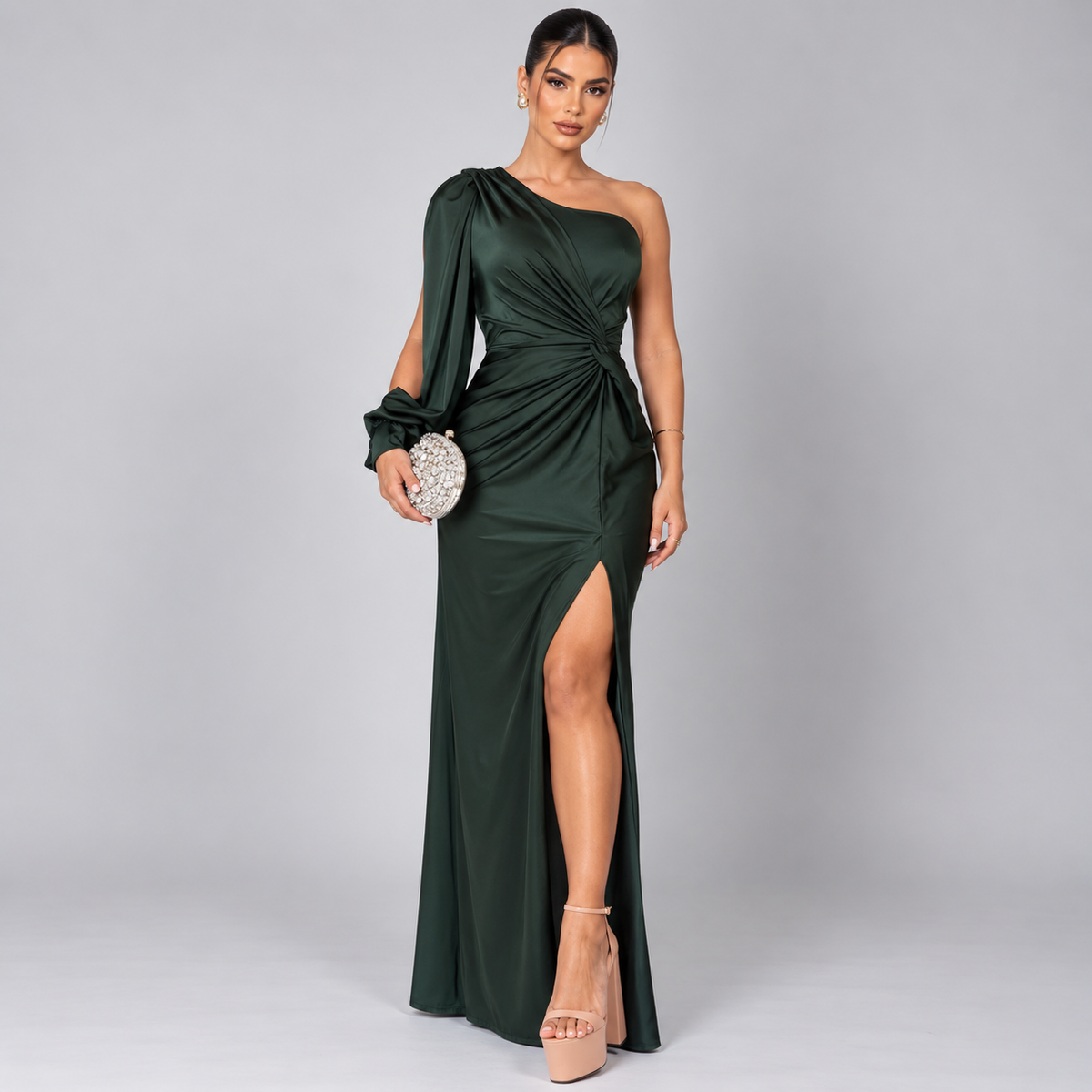 Vestido de Invitada de Boda de Un Solo Hombro | Drapeado y Abertura Frontal | Superficie Sedosa para Eventos Especiales