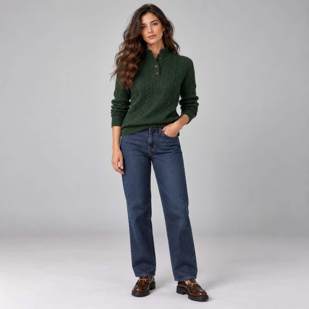 Jersey de mezcla de lana para mujer con patrón de trenza y cuello con botones