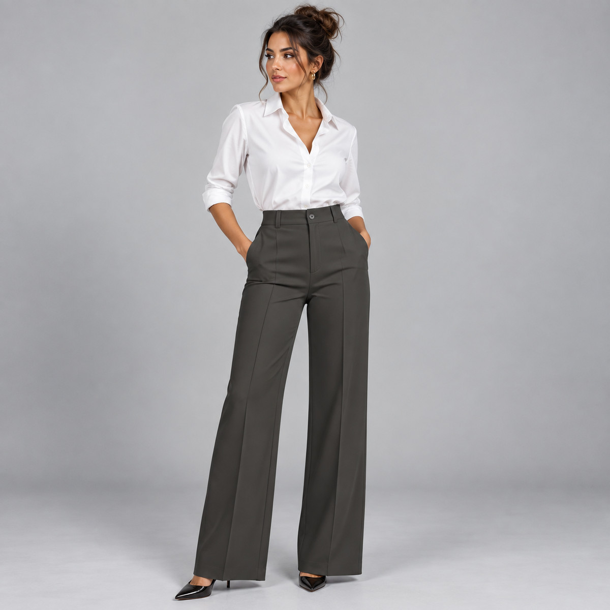 Pantalón de Talle Alto y Corte Recto | Cinturilla Elástica y Pliegues Delanteros | Estilo Versátil para Oficina y Fin de Semana