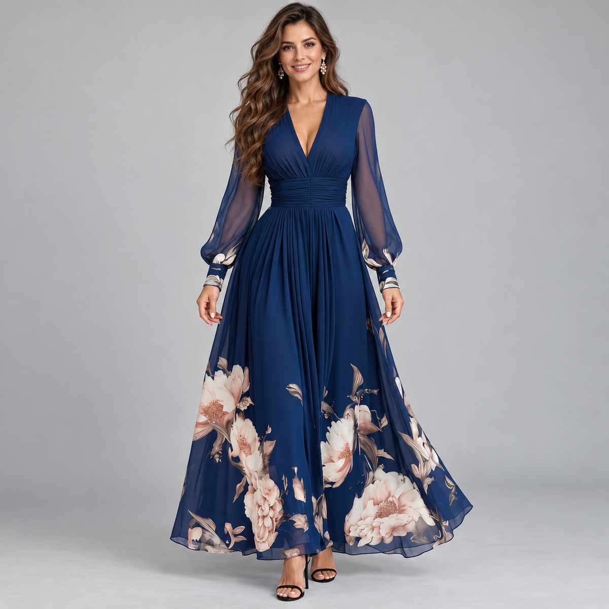 Vestido largo de mujer con mangas transparentes