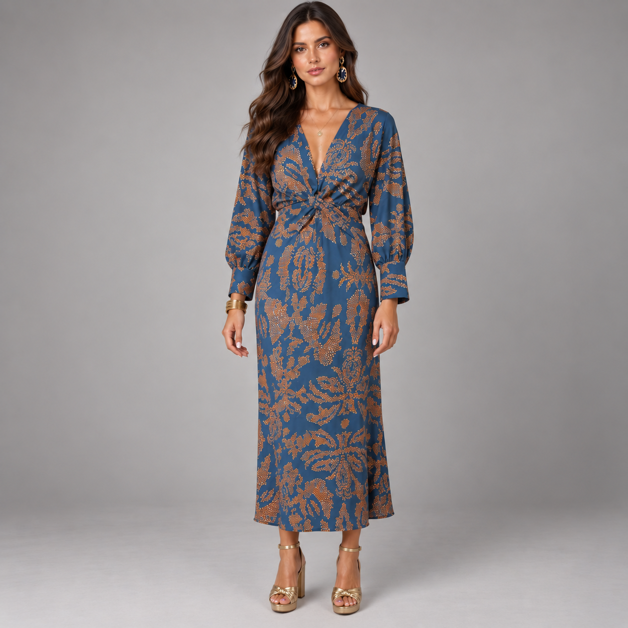 Vestido Midi con Nudo Torcido en la Cintura | Estampado Terracota Corte Fluido | Efecto Seda para Cenas y Eventos
