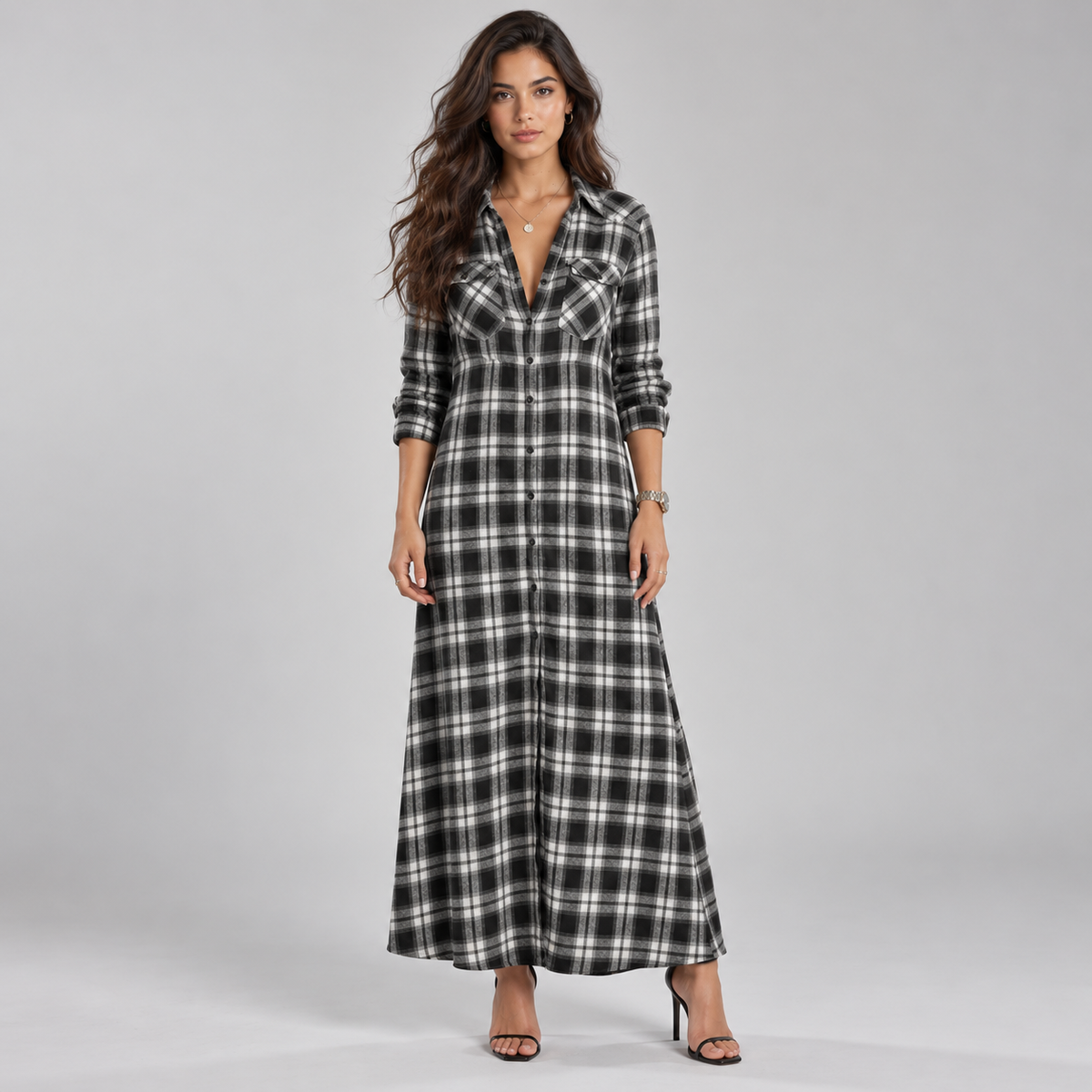 Vestido Largo Camisero de Franela a Cuadros | Botonadura Frontal y Corte Cómodo | Estilo Campestre para Otoño y Brunch