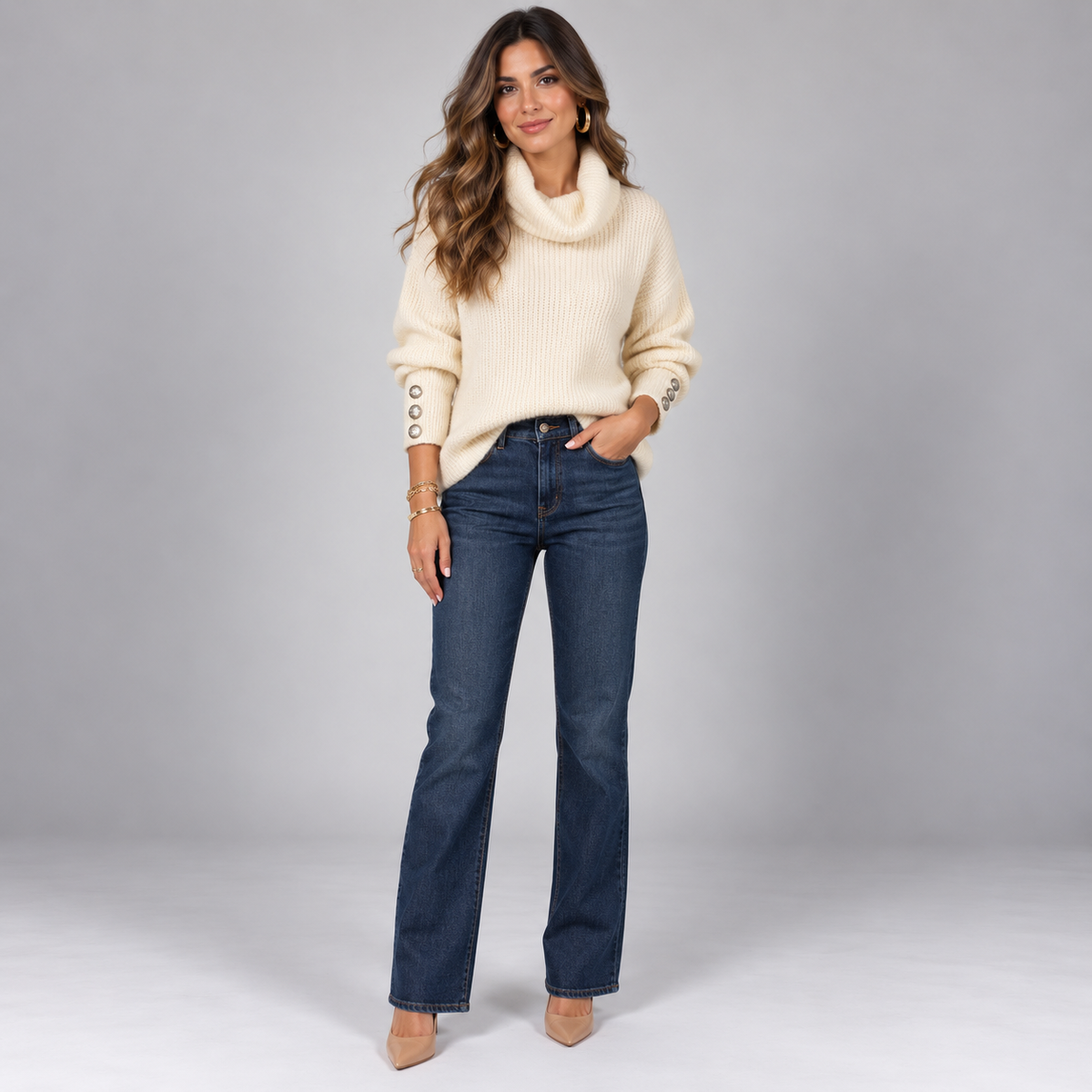 Jersey de punto fino para mujer con cuello alto y detalles de botones