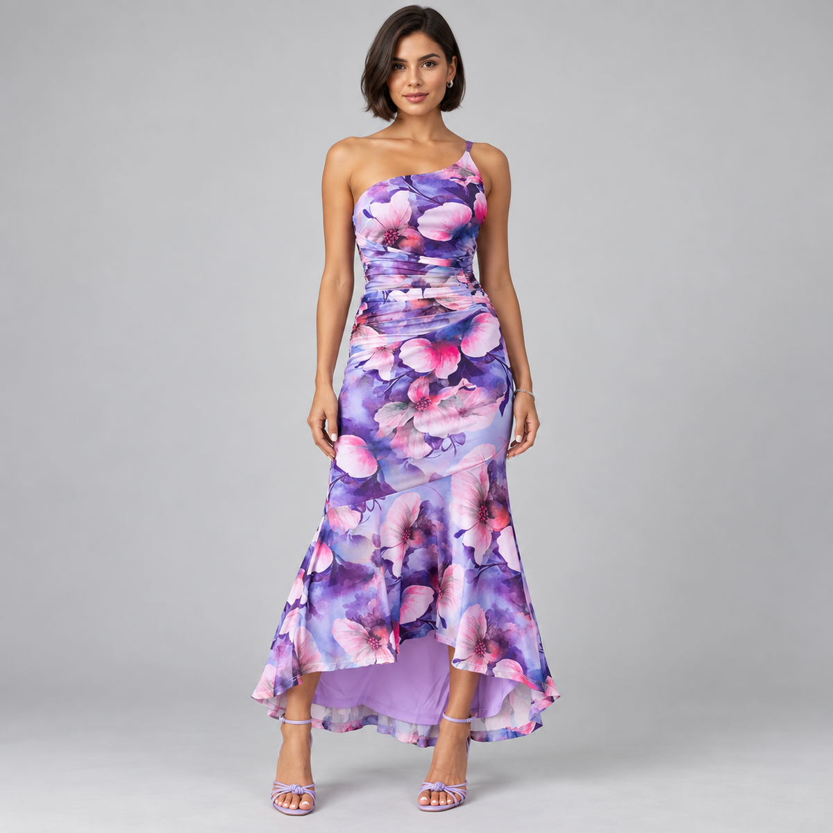 Vestido de Mujer con Estampado Floral, Hombro Único y Dobladillo Asimétrico