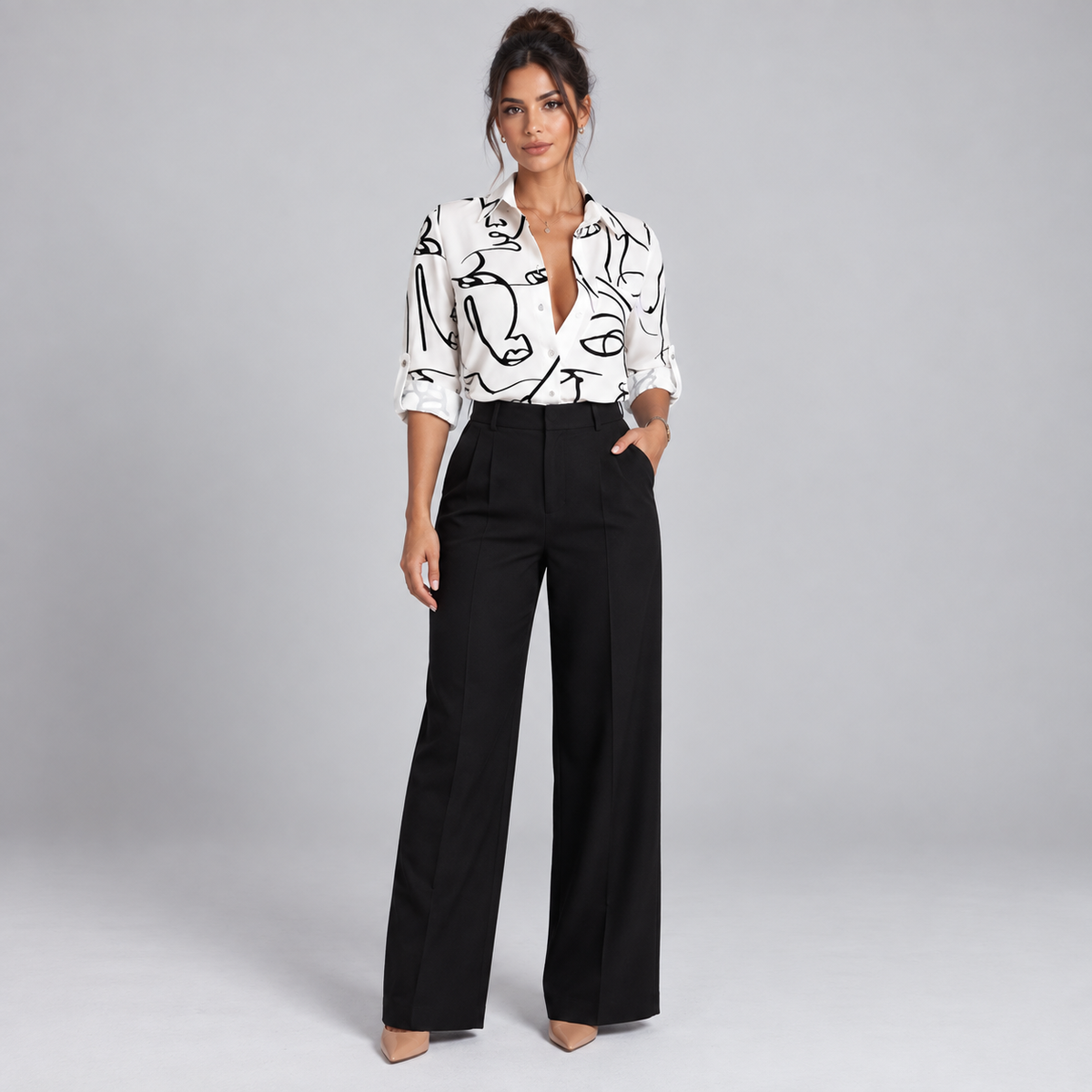 Blusa de Satén para Mujer con Estampado Geométrico | Corte Regular | Abotonada, Manga Larga, Resistente a Arrugas | Ropa de Trabajo, Ropa de Noche