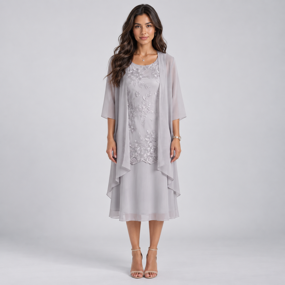Vestido Largo de Dos Piezas con Encaje y Gasa | Capa Superior Texturizada y Caída Fluida | Estilo Romántico para Eventos Especiales