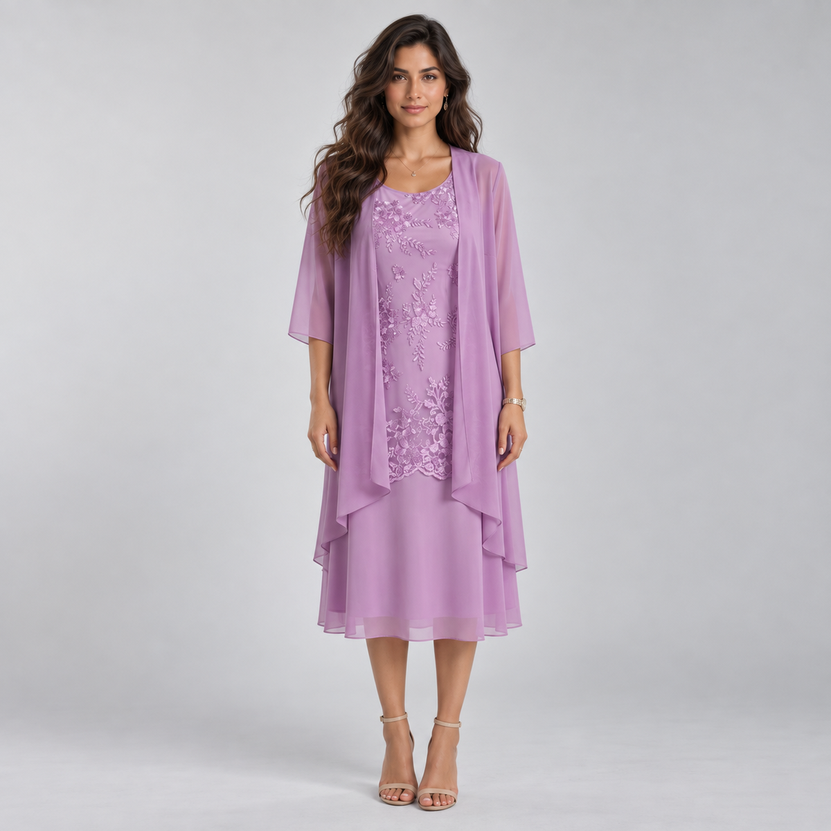 Vestido Largo de Dos Piezas con Encaje y Gasa | Capa Superior Texturizada y Caída Fluida | Estilo Romántico para Eventos Especiales