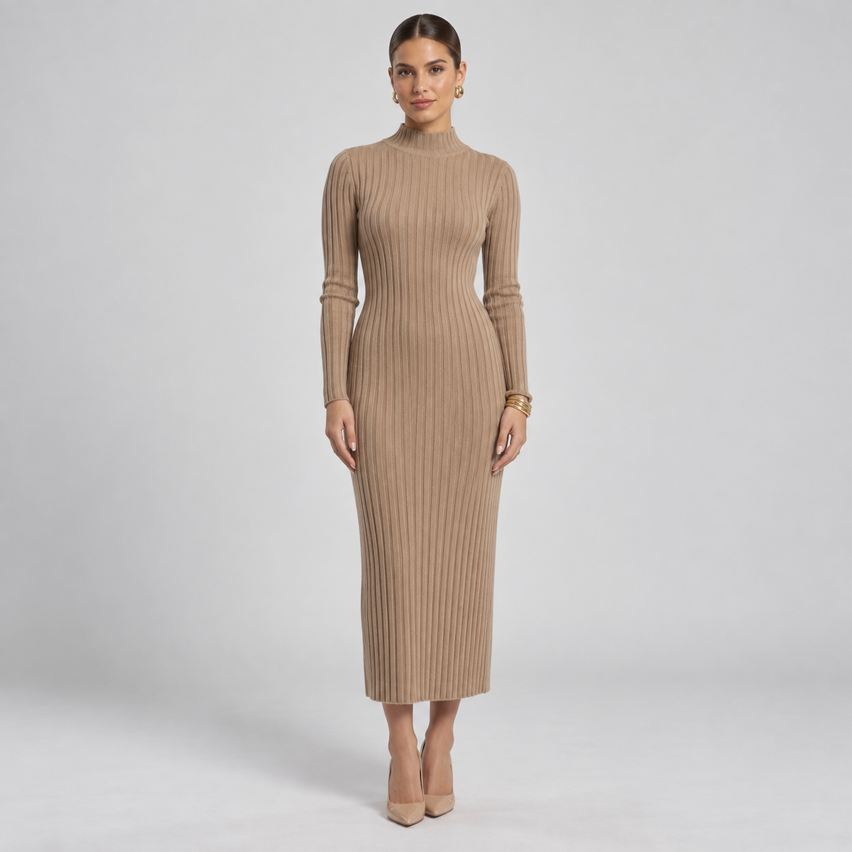 Vestido de Lana Merino con Cuello Alto y Escote en V | Manga Larga y Corte Fluido | Tejido 100 % Merino para Otoño e Invierno