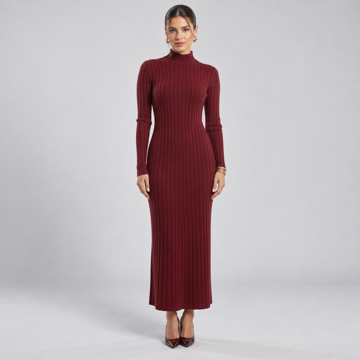 Vestido de Lana Merino con Cuello Alto y Escote en V | Manga Larga y Corte Fluido | Tejido 100 % Merino para Otoño e Invierno