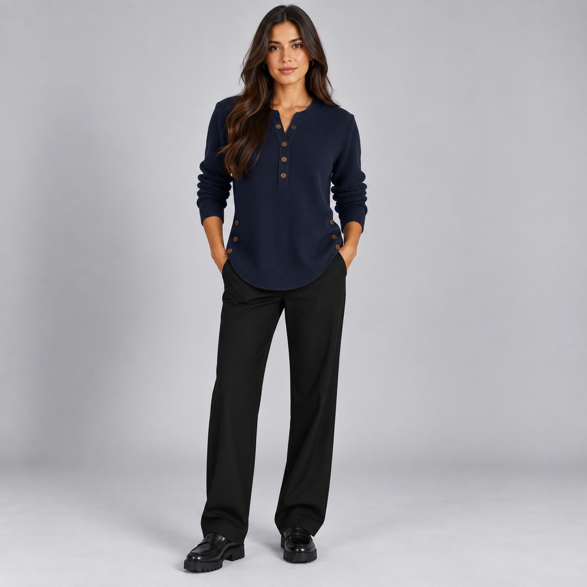 Suéter de punto Henley largo para mujer | Ajuste relajado | Detalles de botones laterales, tapeta de botones flexible | Casual elegante