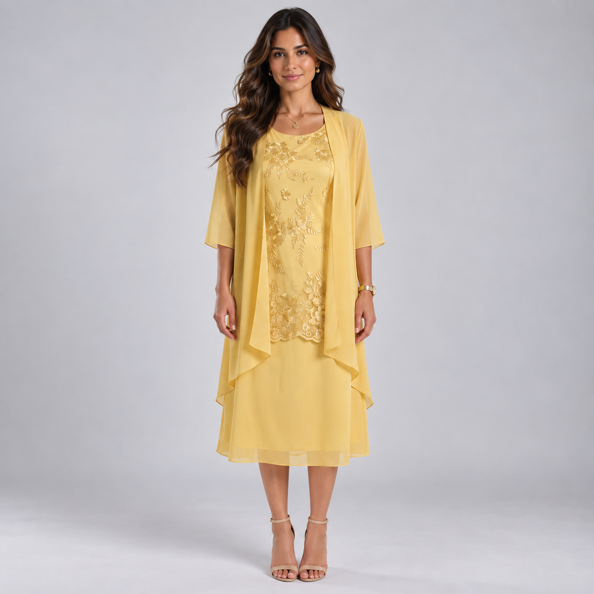 Vestido Largo de Dos Piezas con Encaje y Gasa | Capa Superior Texturizada y Caída Fluida | Estilo Romántico para Eventos Especiales