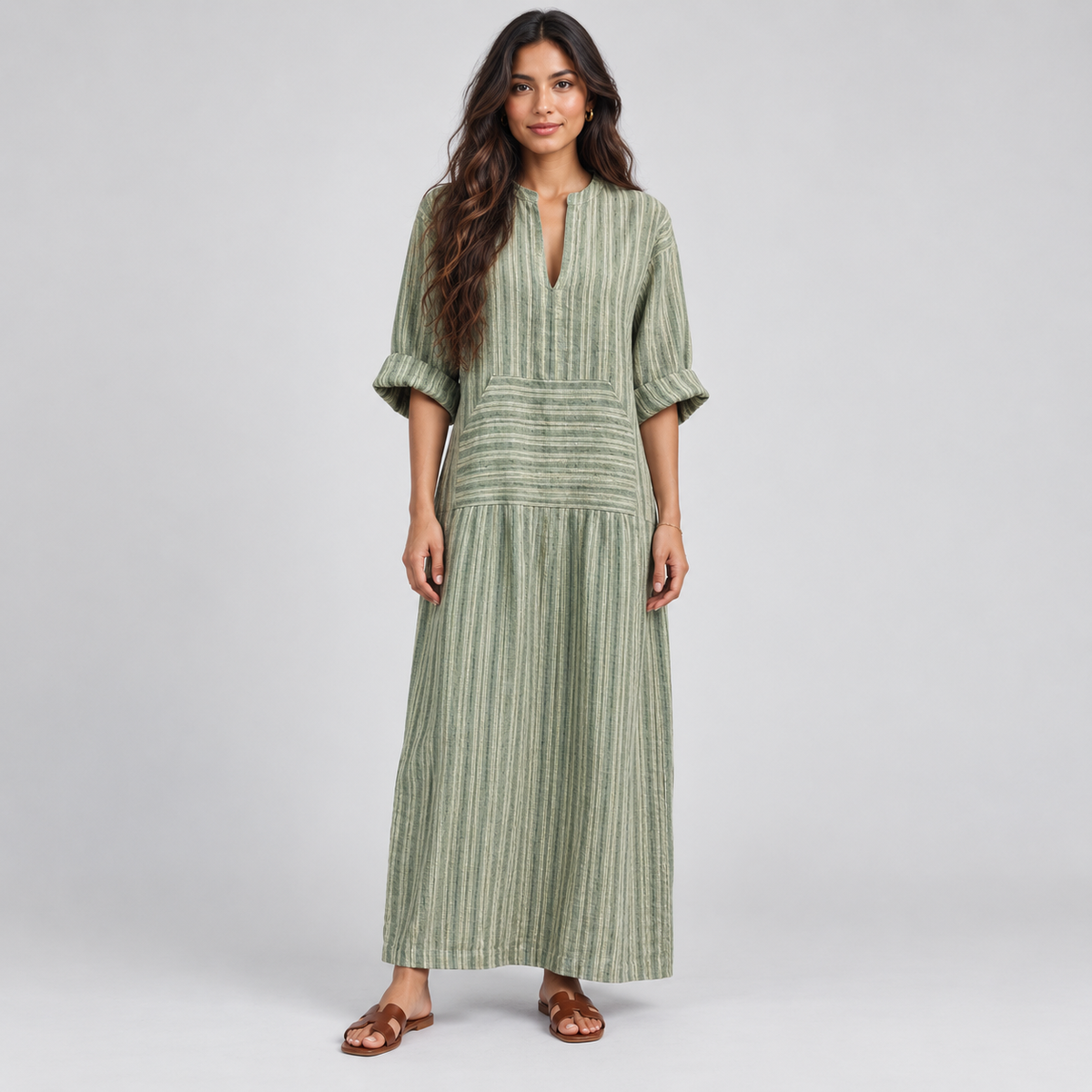 Vestido largo de mujer con escote en V y rayas verticales