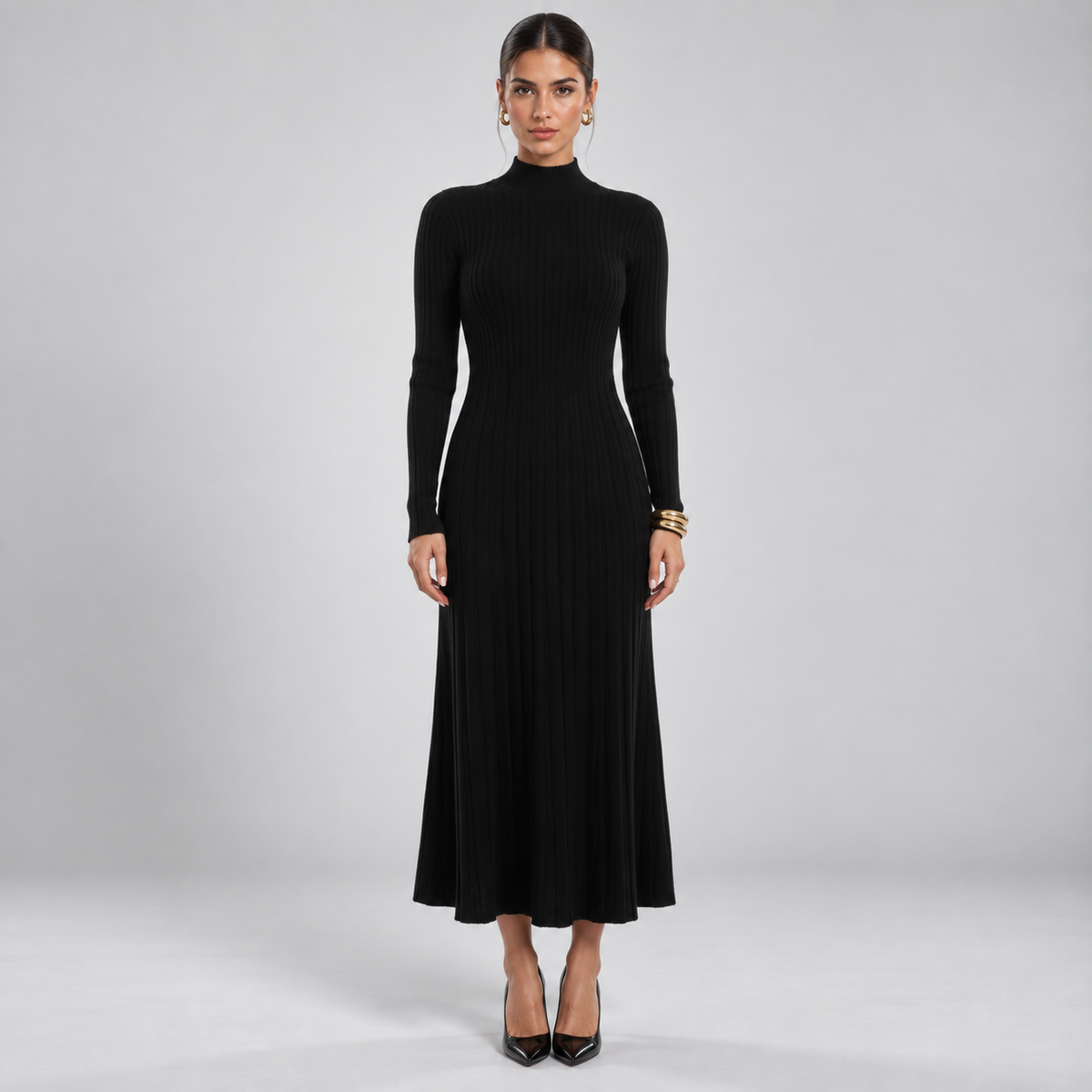 Vestido de Lana Merino con Cuello Alto y Escote en V | Manga Larga y Corte Fluido | Tejido 100 % Merino para Otoño e Invierno