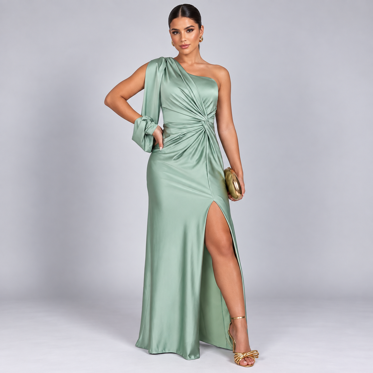 Vestido de Invitada de Boda de Un Solo Hombro | Drapeado y Abertura Frontal | Superficie Sedosa para Eventos Especiales