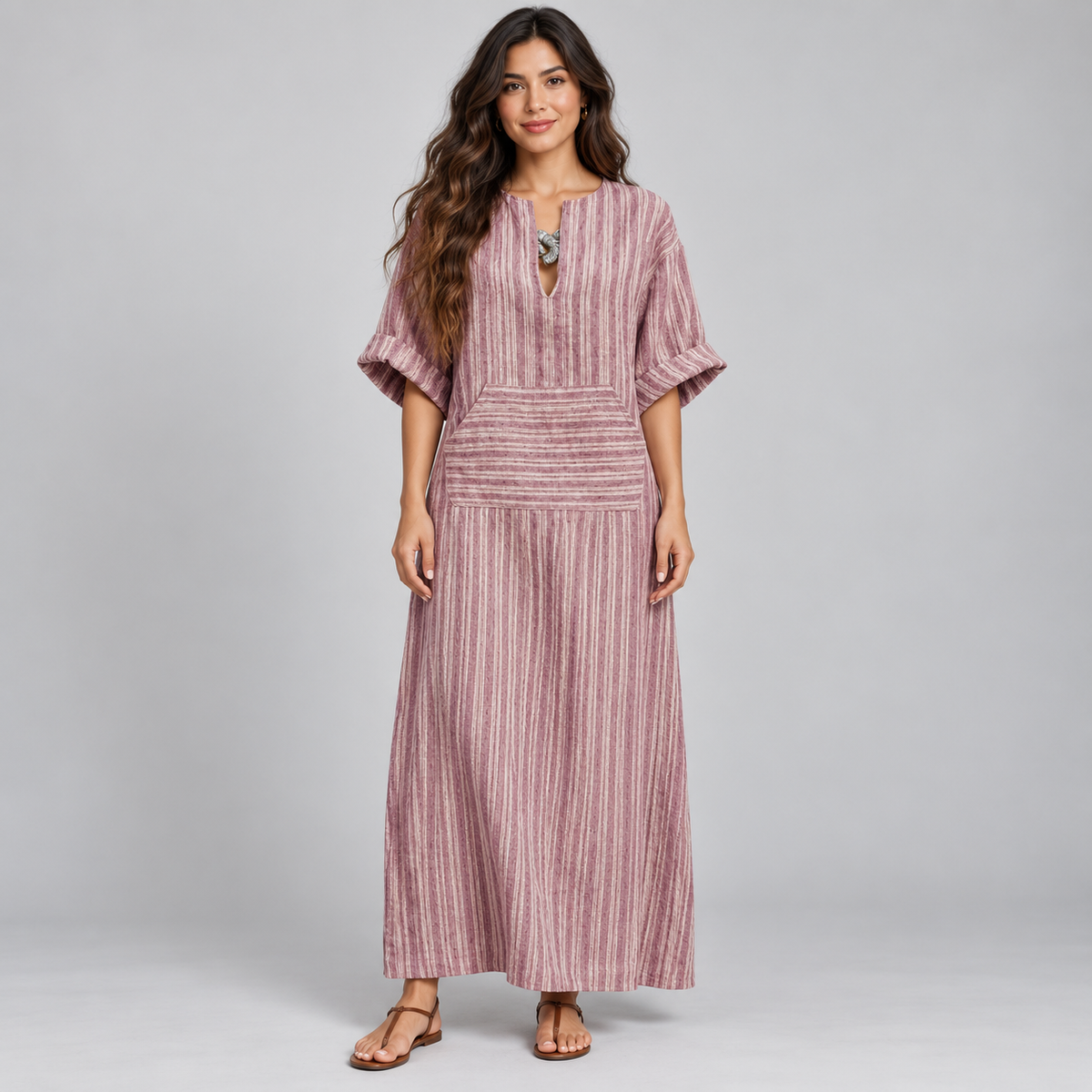 Vestido largo de mujer con escote en V y rayas verticales