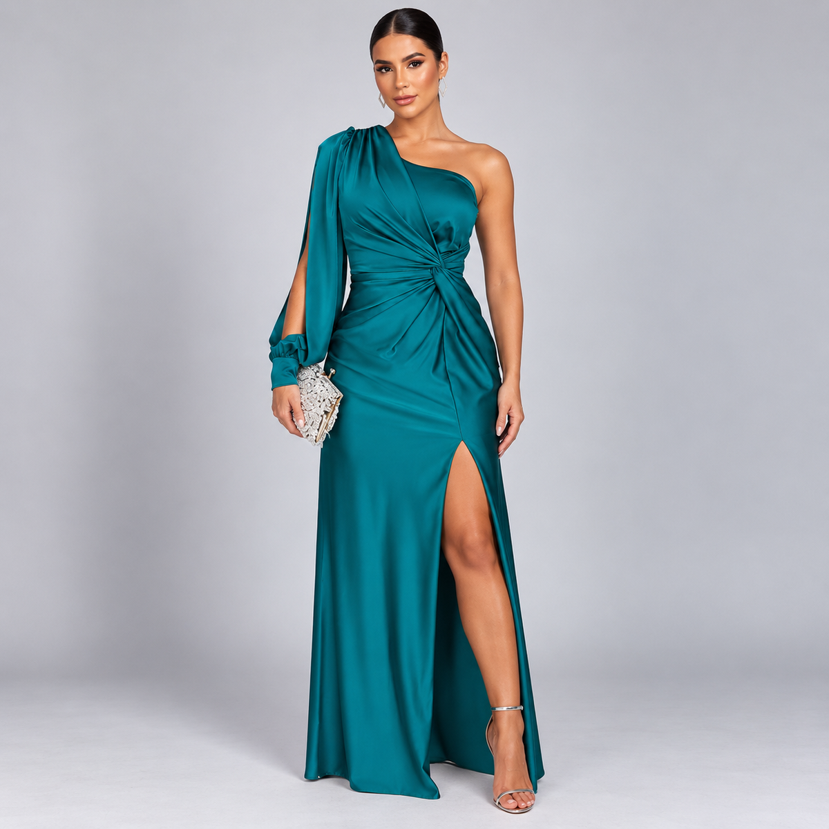 Vestido de Invitada de Boda de Un Solo Hombro | Drapeado y Abertura Frontal | Superficie Sedosa para Eventos Especiales