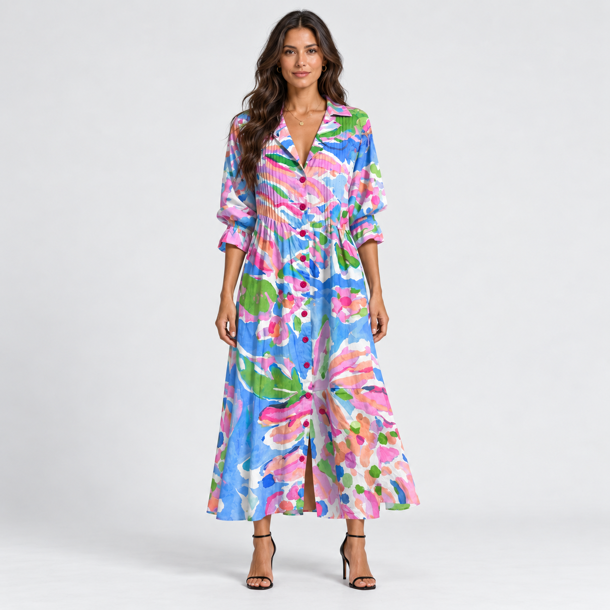 Vestido largo para mujer con escote en V y estampado de flores