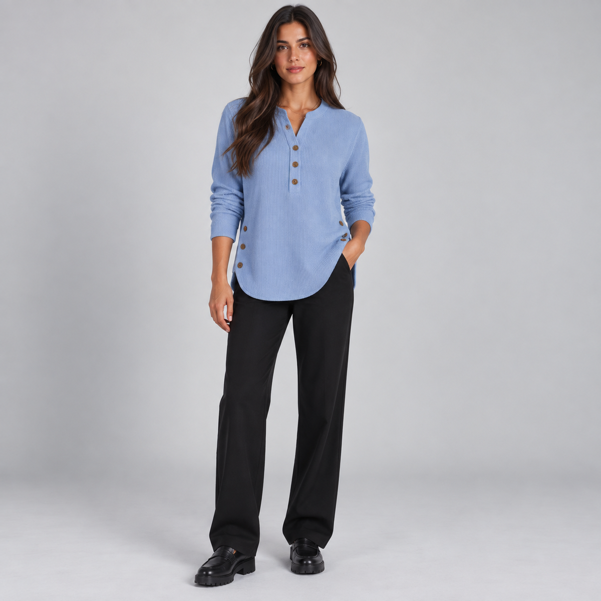 Suéter de punto Henley largo para mujer | Ajuste relajado | Detalles de botones laterales, tapeta de botones flexible | Casual elegante