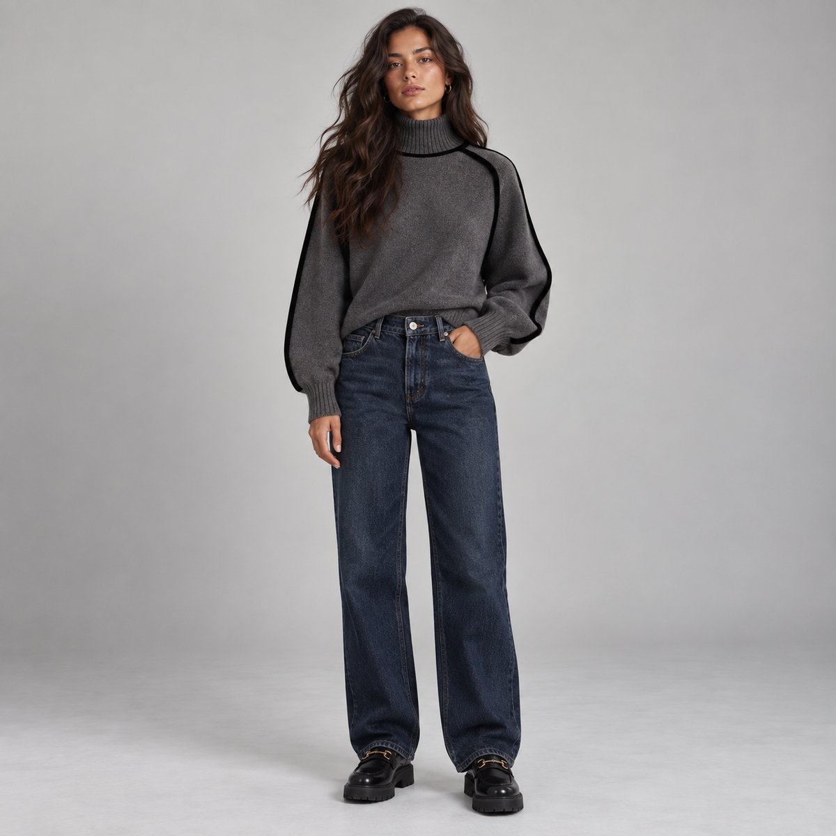 Jersey de cuello alto para mujer con bordes en contraste