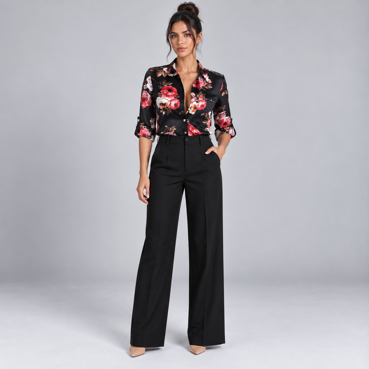 Blusa de Satén para Mujer con Estampado Geométrico | Corte Regular | Abotonada, Manga Larga, Resistente a Arrugas | Ropa de Trabajo, Ropa de Noche