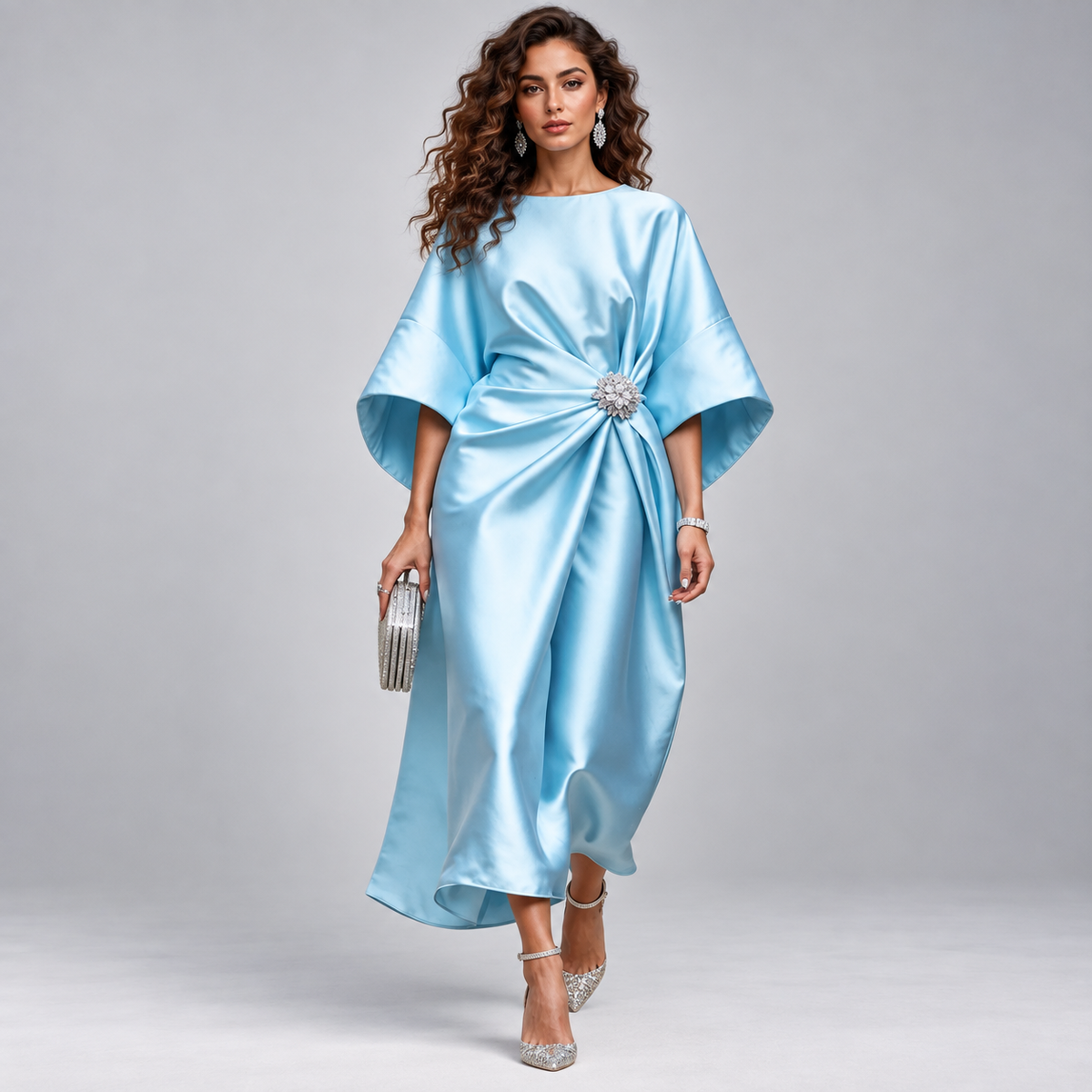 Vestido Midi Cruzado y Acampanado con Mangas Amplias | Corte Fluido y Femenino | Estilo para Bodas y Eventos Especiales