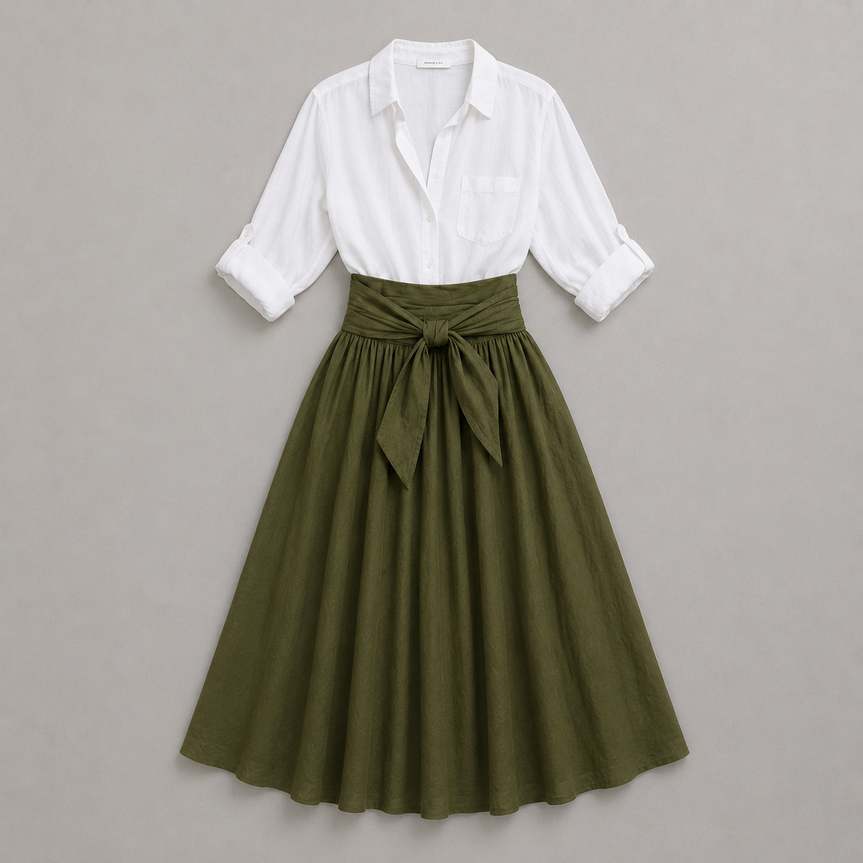Noor - Elegante conjunto de lino para mujer con cinturón de lazo y falda amplia