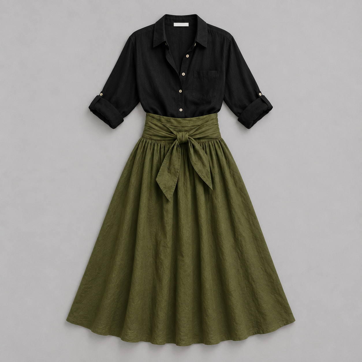 Noor - Elegante conjunto de lino para mujer con cinturón de lazo y falda amplia