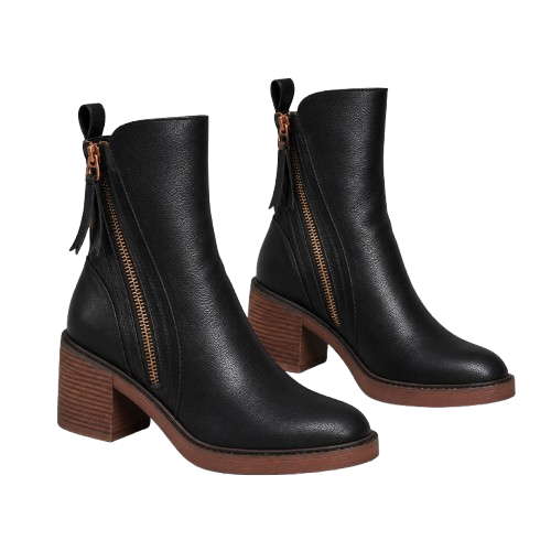 Botines de mujer de cuero vegano con tacón apilado | Cremalleras dobles en ambos lados | Tacón bloque de 6-7 cm, puntera redondeada, ajuste cómodo | Otoño Invierno