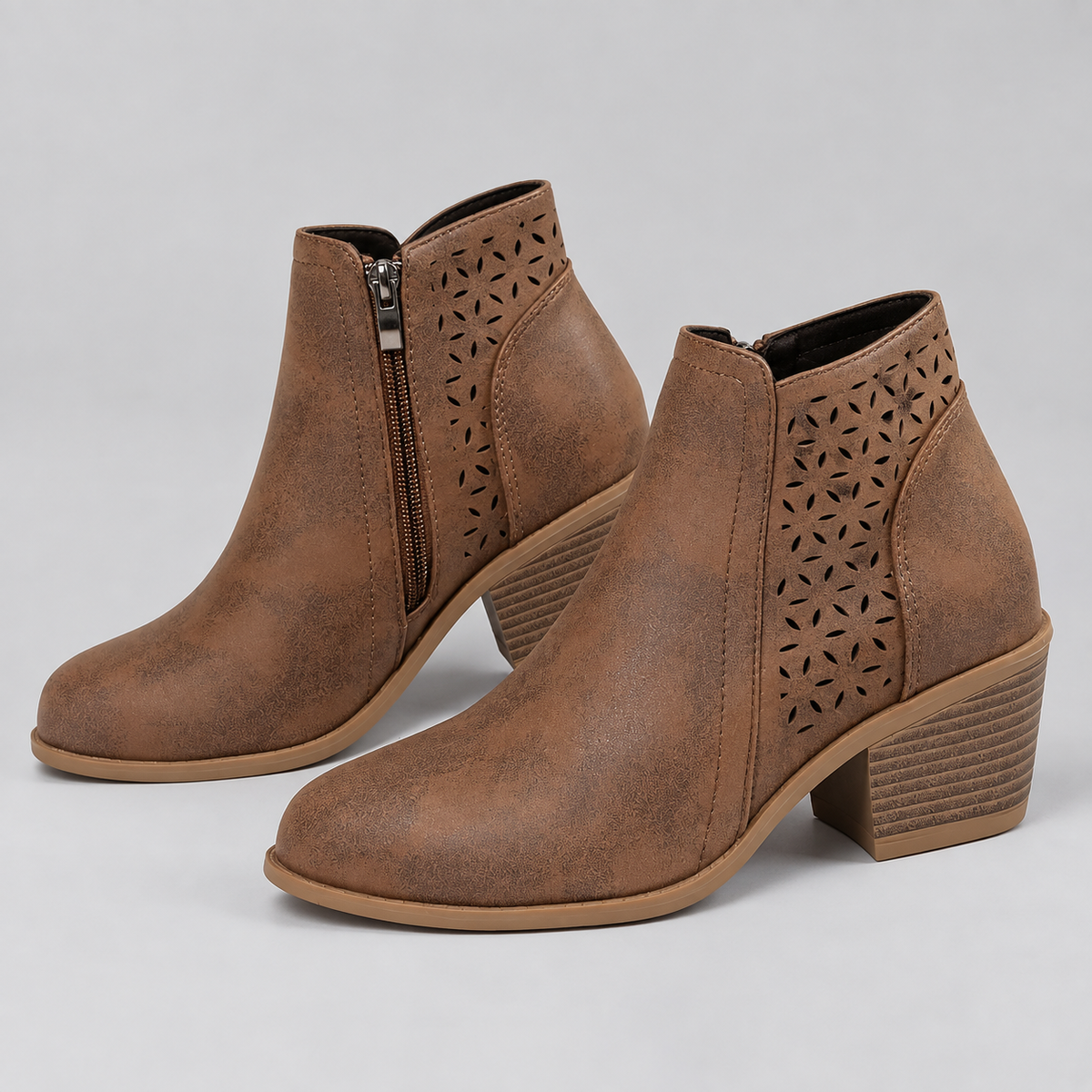 Botines de Mujer Calados con Tacón Bajo y Cremallera | Diseño Perforado y Punta Versátil | Estilo Casual para Otoño y Primavera