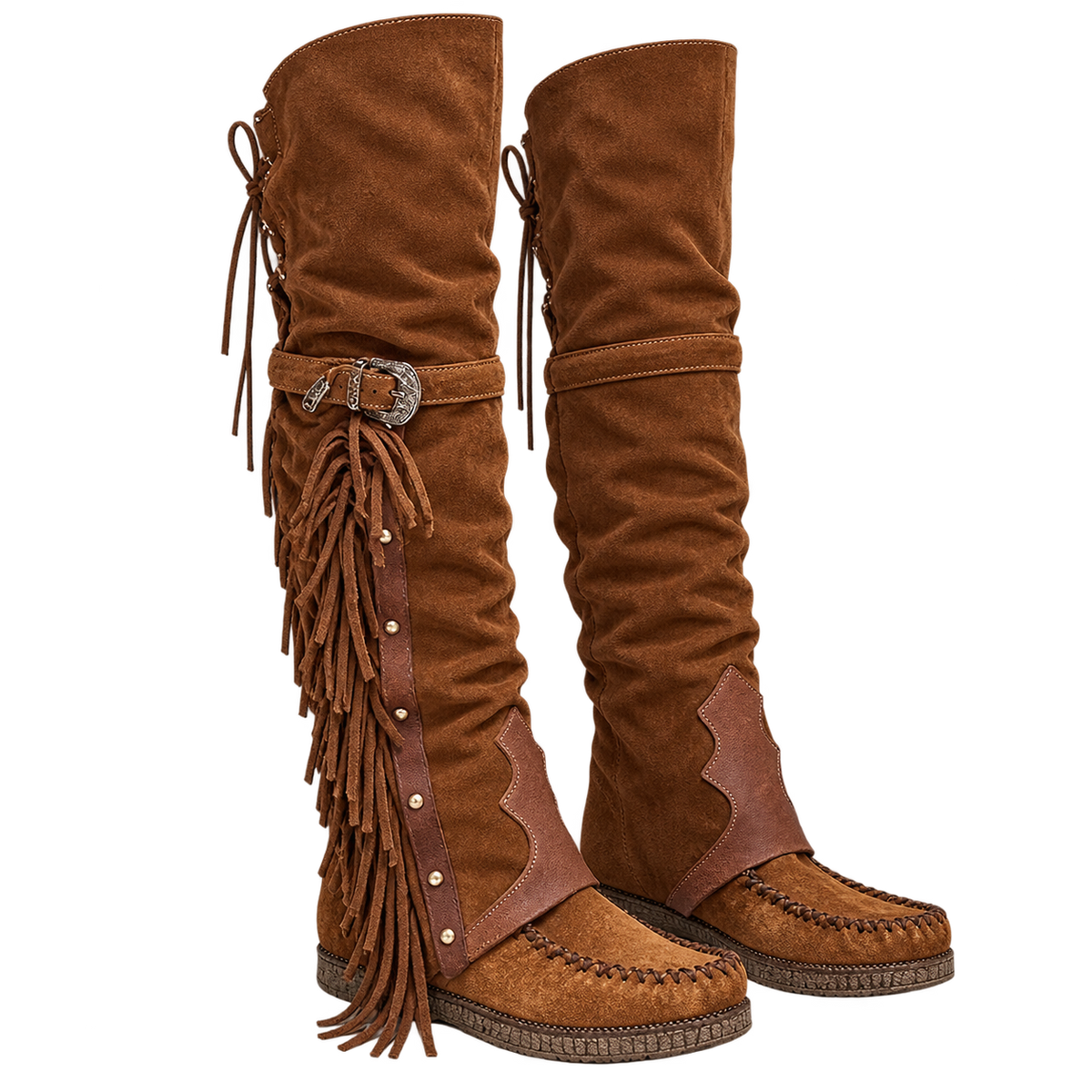 Botas altas de ante para mujer con flecos y tachuelas