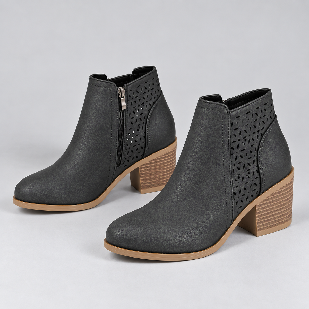 Botines de Mujer Calados con Tacón Bajo y Cremallera | Diseño Perforado y Punta Versátil | Estilo Casual para Otoño y Primavera