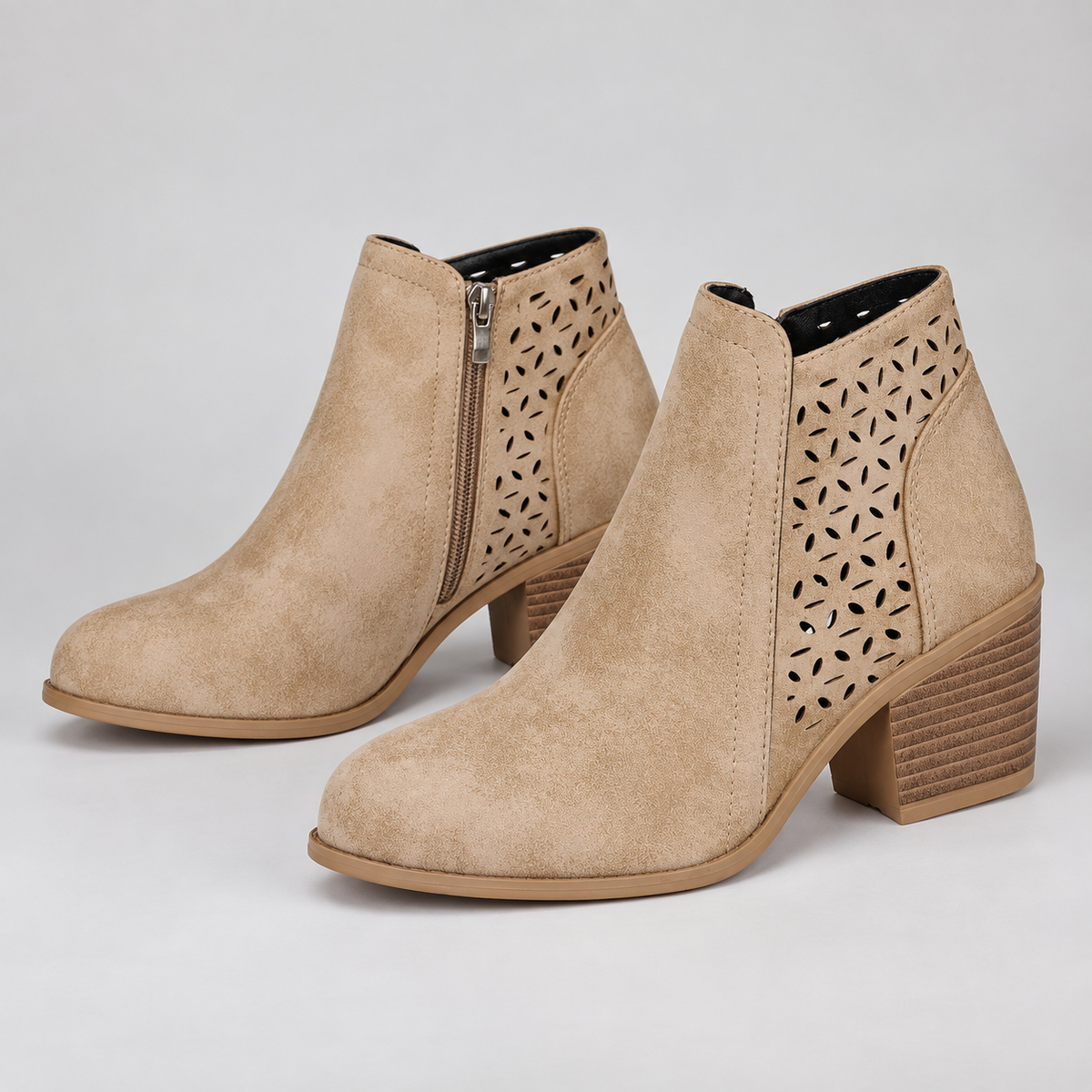 Botines de Mujer Calados con Tacón Bajo y Cremallera | Diseño Perforado y Punta Versátil | Estilo Casual para Otoño y Primavera