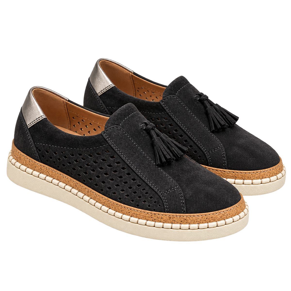 Mocasines de mujer con material superior perforado y borla