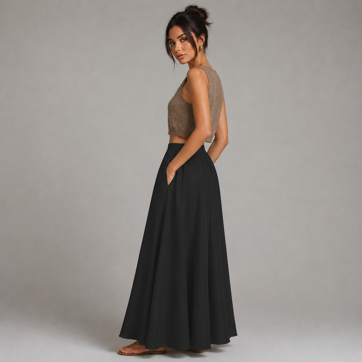 Anouk - Elegante falda larga de lino para mujer con cintura elástica y bolsillos laterales