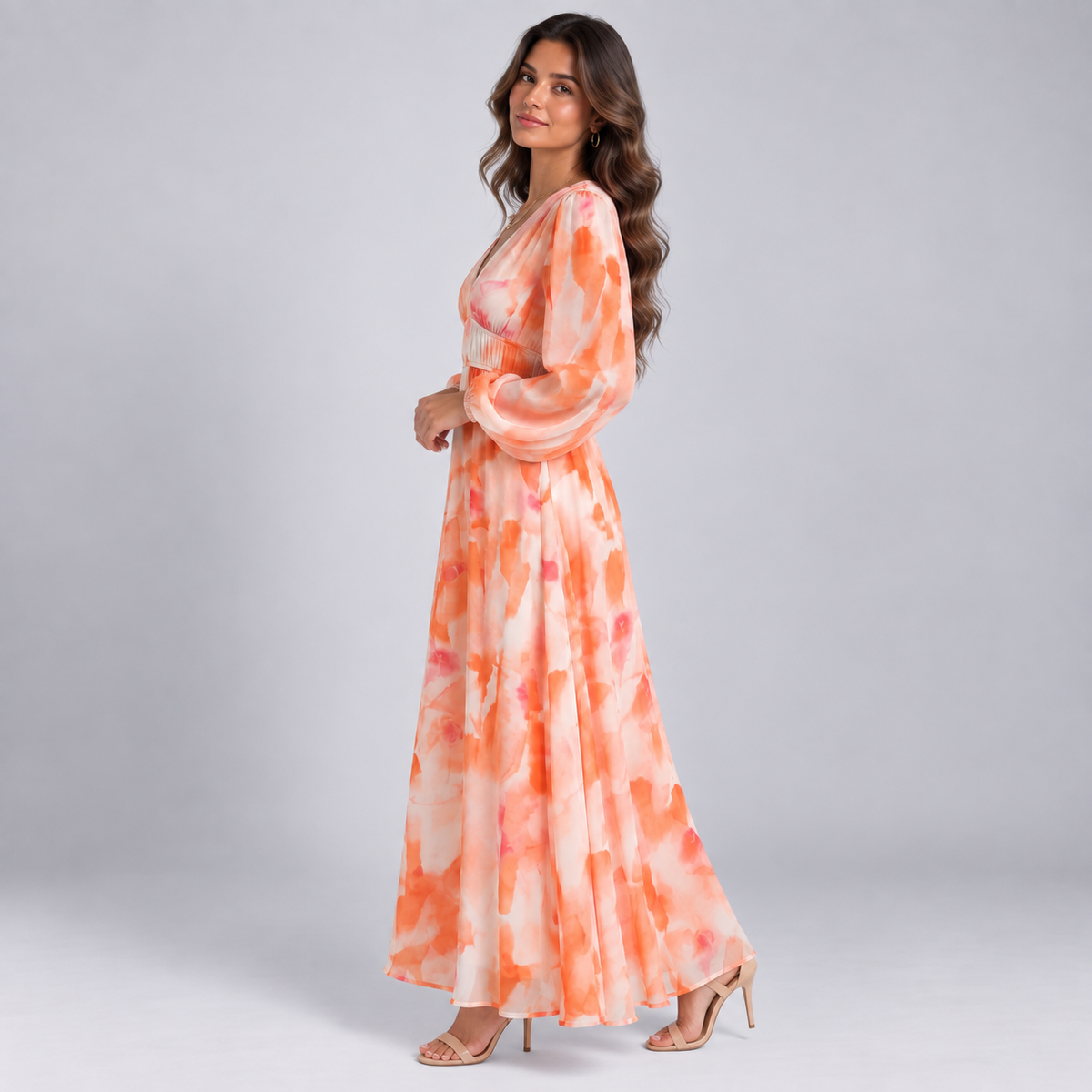 Vestido Largo Estampado con Escote en V y Cintura Alta | Mangas Abullonadas y Corte Fluido | Estilo Bohemio para Cualquier Ocasión